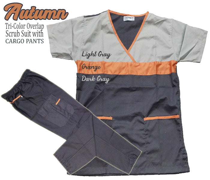 Tri-Color Overlap Scrub Suit Top & Pants Set (Autumn)