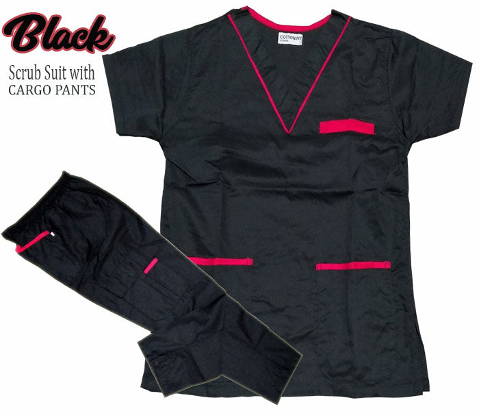 Scrub Suit Top & Pants Set with Piping (Black)