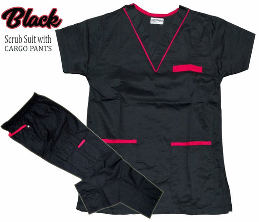 Scrub Suit Top & Pants Set with Piping (Black)