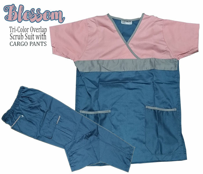 Tri-Color Overlap Scrub Suit Top & Pants Set (Blossom)