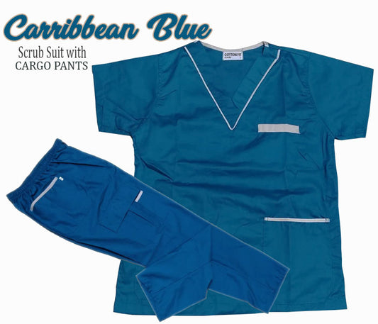 Scrub Suit Top & Pants Set with Piping (Caribbean Blue)