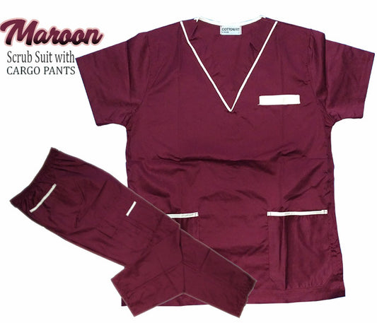 Scrub Suit Top & Pants Set with Piping (Maroon)