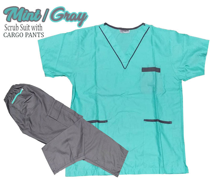 Scrub Suit Top & Pants Set with Piping (Mint / Gray)