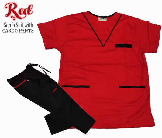Scrub Suit Top & Pants Set with Piping (Red)