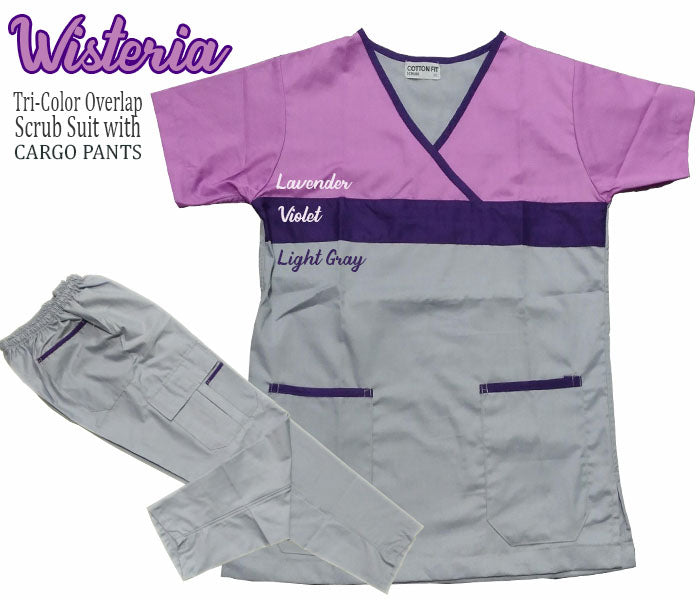 Tri-Color Overlap Scrub Suit Top & Pants Set (Wisteria)