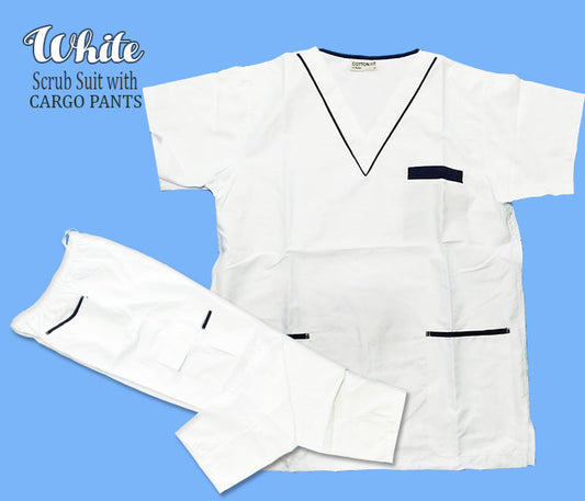 Scrub Suit Top & Pants Set with Piping (White)