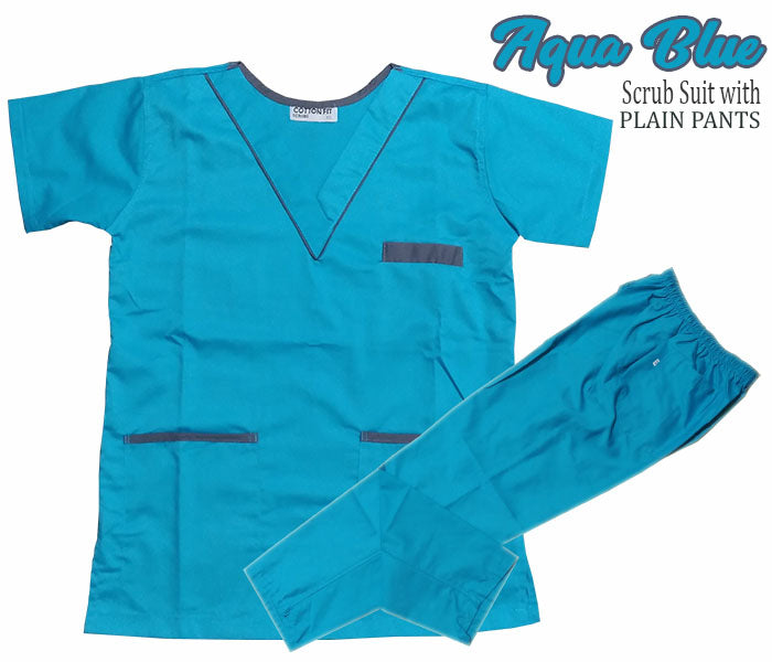 Scrub Suit Top & Pants Set with Piping (Aqua Blue)