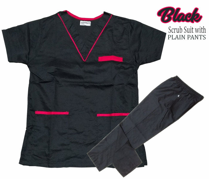 Scrub Suit Top & Pants Set with Piping (Black)