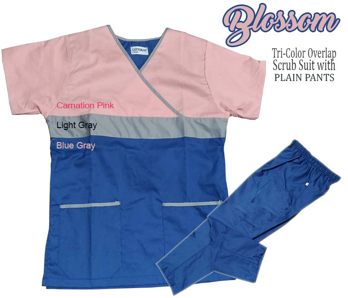 Tri-Color Overlap Scrub Suit Top & Pants Set (Blossom)
