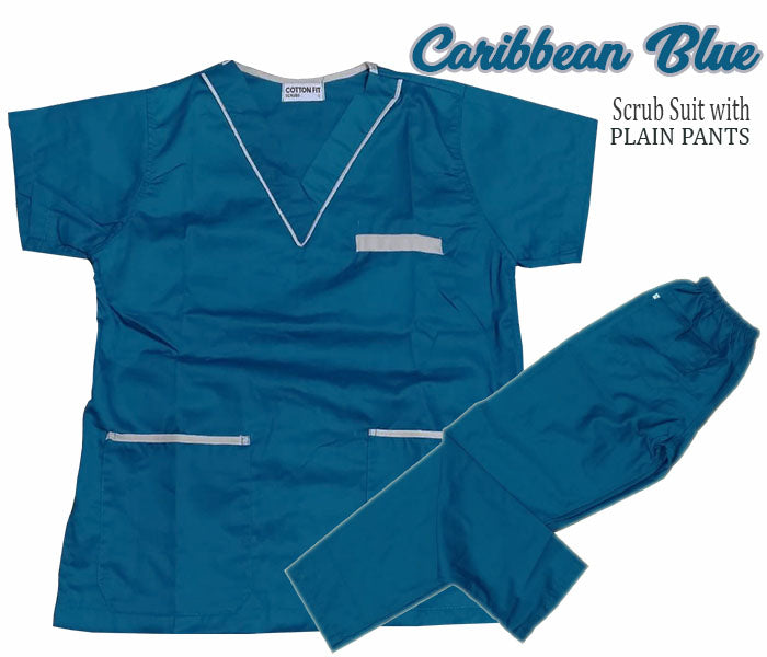 Scrub Suit Top & Pants Set with Piping (Caribbean Blue)