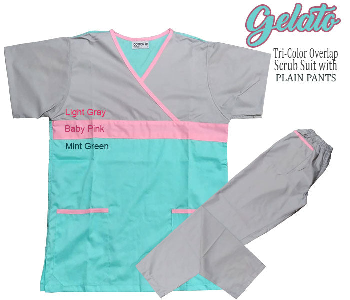 Tri-Color Overlap Scrub Suit Top & Pants Set (Gelato)