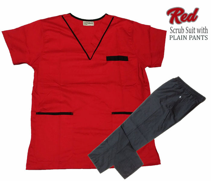 Scrub Suit Top & Pants Set with Piping (Red)