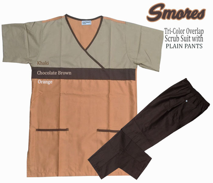 Tri-Color Overlap Scrub Suit Top & Pants Set (Smores)