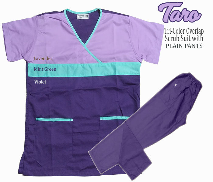 Tri-Color Overlap Scrub Suit Top & Pants Set (Taro)