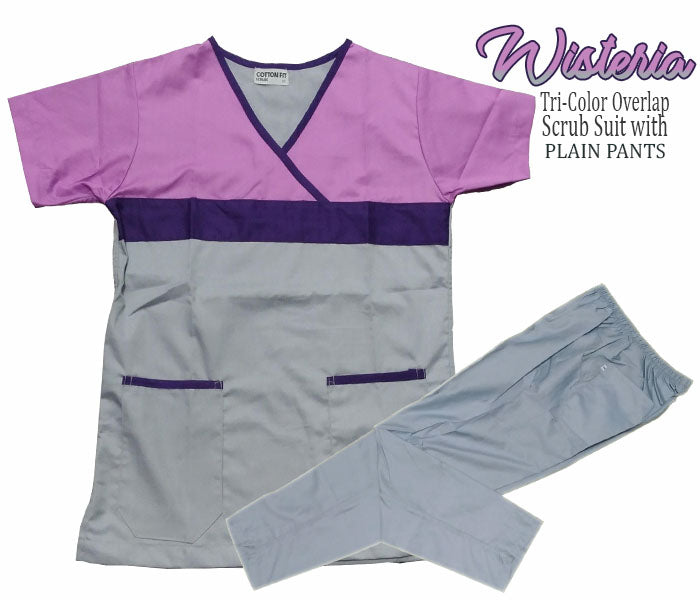 Tri-Color Overlap Scrub Suit Top & Pants Set (Wisteria)