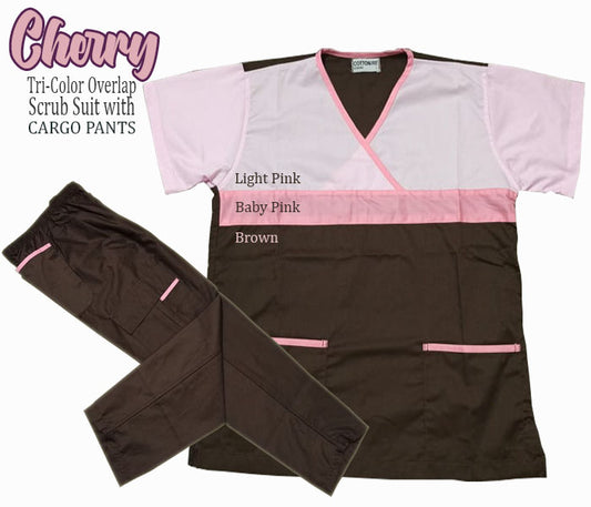 Tri-Color Overlap Scrub Suit Top & Pants Set (Cherry)