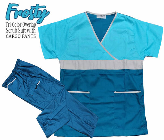Tri-Color Overlap Scrub Suit Top & Pants Set (Frosty)