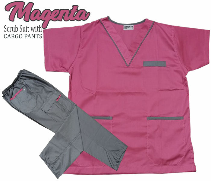 Scrub Suit Top & Pants Set with Piping (Magenta)