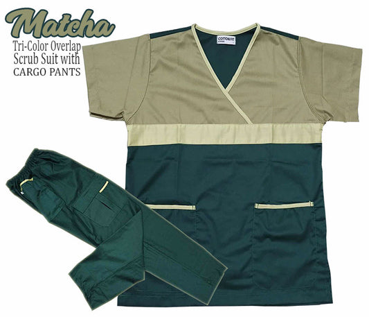 Tri-Color Overlap Scrub Suit Top & Pants Set (Matcha)