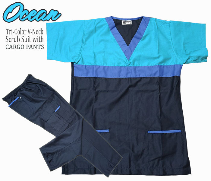 Tri-Color Scrub Suit Top & Pants Set (Ocean)