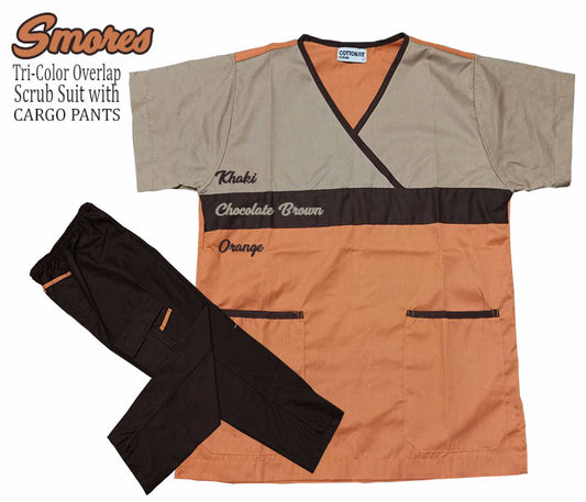 Tri-Color Overlap Scrub Suit Top & Pants Set (Smores)