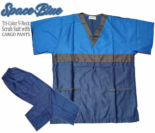 Tri-Color Scrub Suit Top & Pants Set (Space Blue)