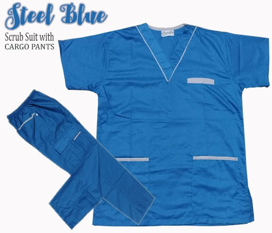 Scrub Suit Top & Pants Set with Piping (Steel Blue)