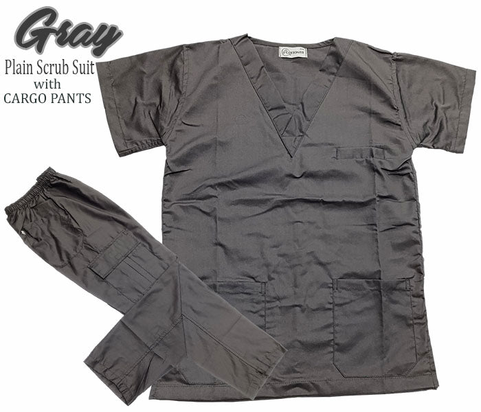 Plain Scrub Suit Top & Cargo Pants Set (Gray)