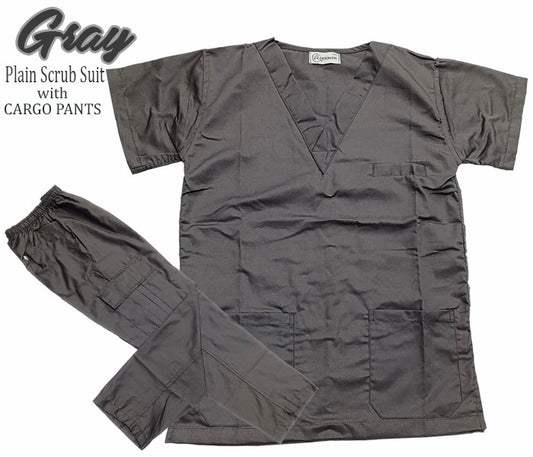 Plain Scrub Suit Top & Cargo Pants Set (Gray)