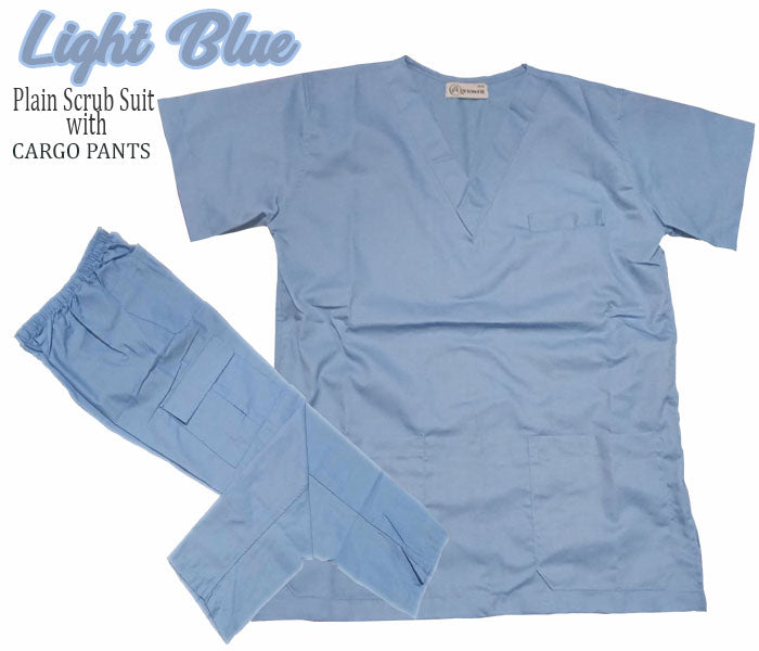 Plain Scrub Suit Top & Cargo Pants Set (Light Blue)