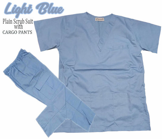 Plain Scrub Suit Top & Cargo Pants Set (Light Blue)