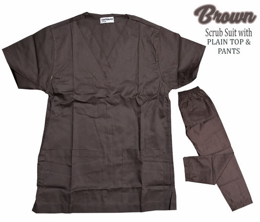 Plain Scrub Suit Top & Pants Set (Brown)