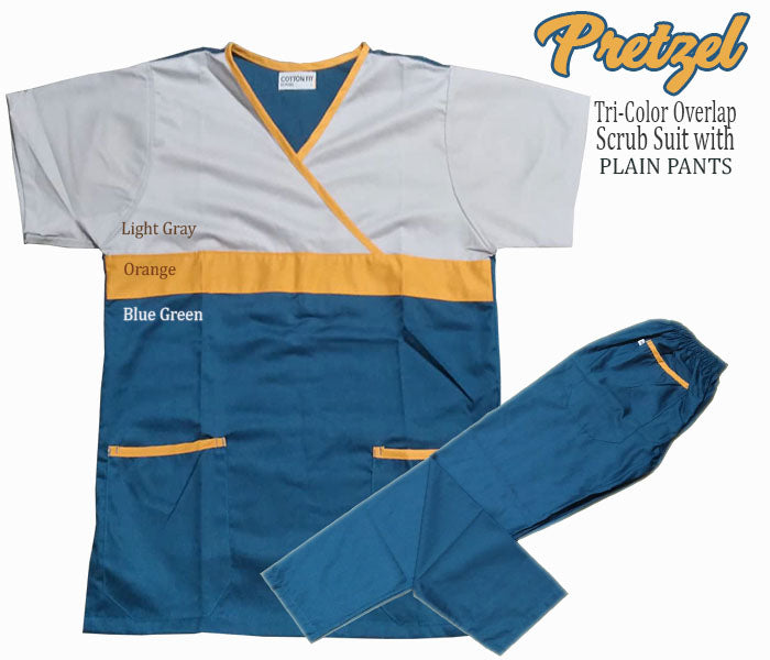 Tri-Color Overlap Scrub Suit Top & Pants Set (Pretzel)