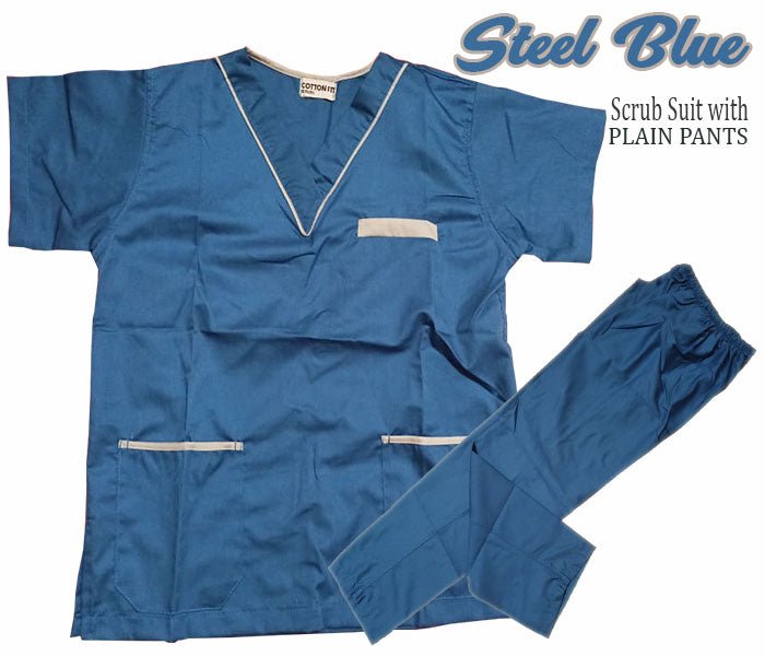 Scrub Suit Top & Pants Set with Piping (Steel Blue)