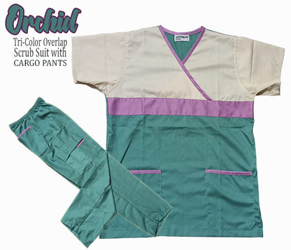 Tri-Color Overlap Scrub Suit Top & Pants Set (Orchid)
