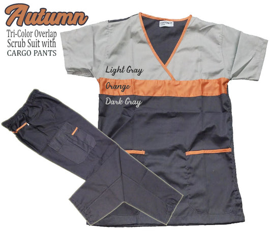 Tri-Color Overlap Scrub Suit Top & Pants Set (Autumn)