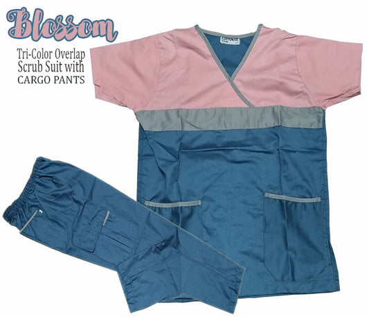 Tri-Color Overlap Scrub Suit Top & Pants Set (Blossom)