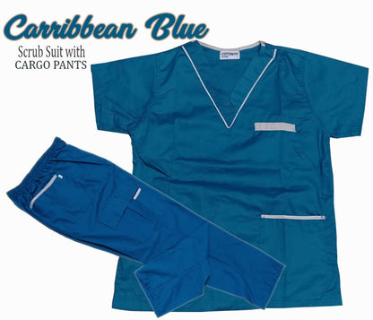 Scrub Suit Top & Pants Set with Piping (Caribbean Blue)