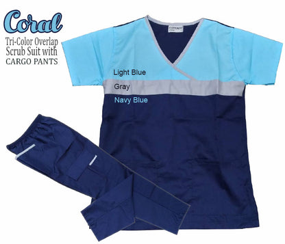 Tri-Color Overlap Scrub Suit Top & Pants Set (Coral)