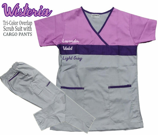 Tri-Color Overlap Scrub Suit Top & Pants Set (Wisteria)