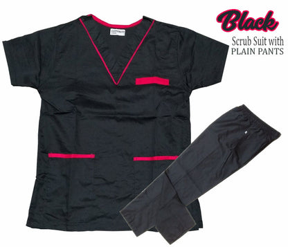 Scrub Suit Top & Pants Set with Piping (Black)