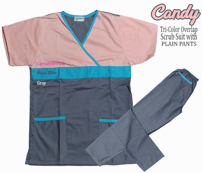 Tri-Color Overlap Scrub Suit Top & Pants Set (Candy)