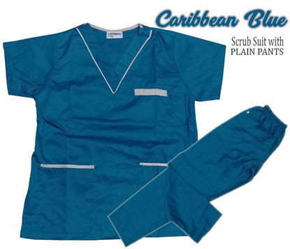 Scrub Suit Top & Pants Set with Piping (Caribbean Blue)