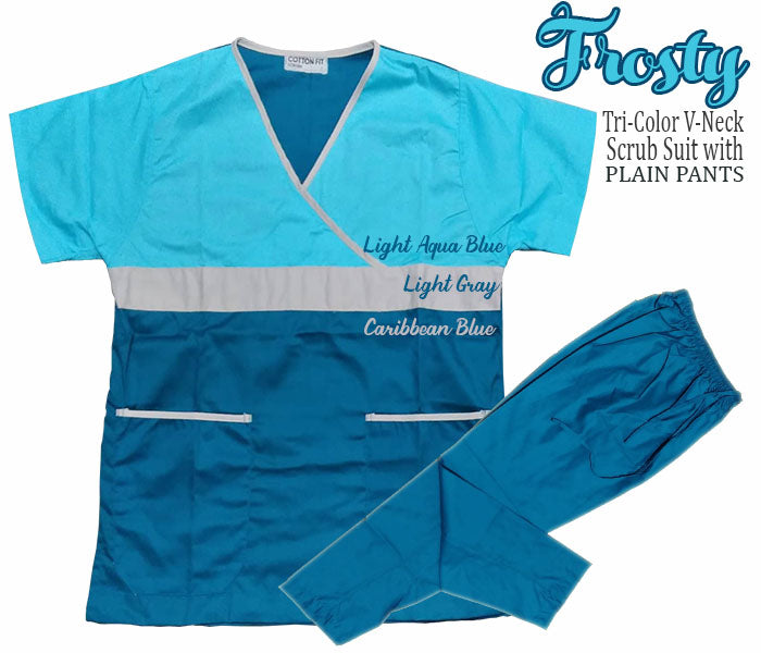 Tri-Color Overlap Scrub Suit Top & Pants Set (Frosty)