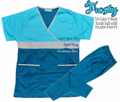 Tri-Color Overlap Scrub Suit Top & Pants Set (Frosty)