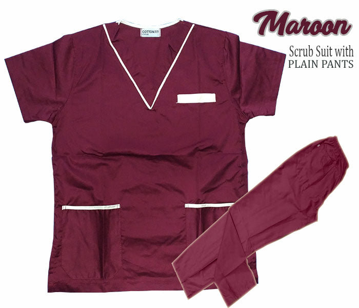 Scrub Suit Top & Pants Set with Piping (Maroon)