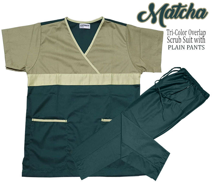 Tri-Color Overlap Scrub Suit Top & Pants Set (Matcha)