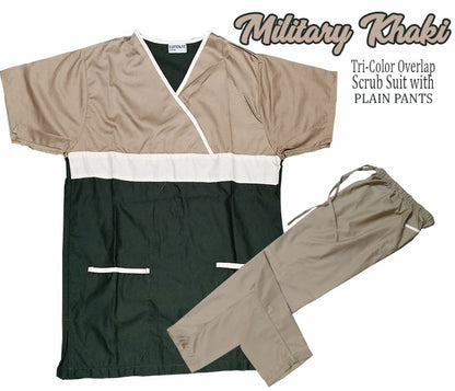 Tri-Color Overlap Scrub Suit Top & Pants Set (Khaki Overlap)