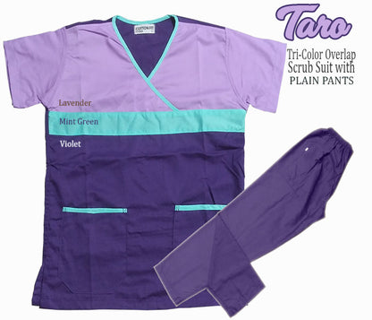 Tri-Color Overlap Scrub Suit Top & Pants Set (Taro)