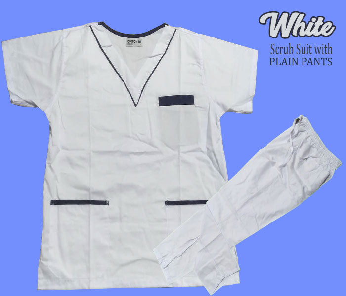Scrub Suit Top & Pants Set with Piping (White)